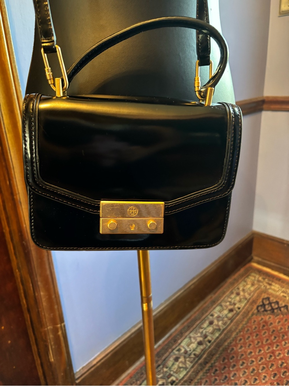 Tory Burch mini Juliette Black Patent Leather Crossbody Bag with Gold Hardware